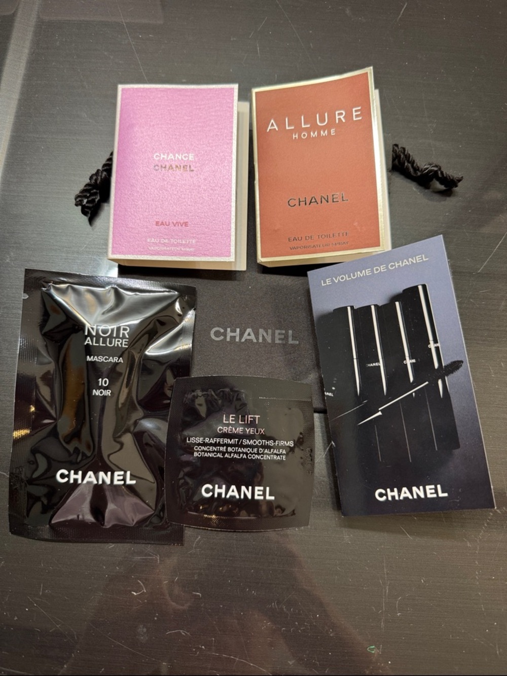 CHANEL Sample Pack with Pink Chance & Brown Allure Homme mascara le lift